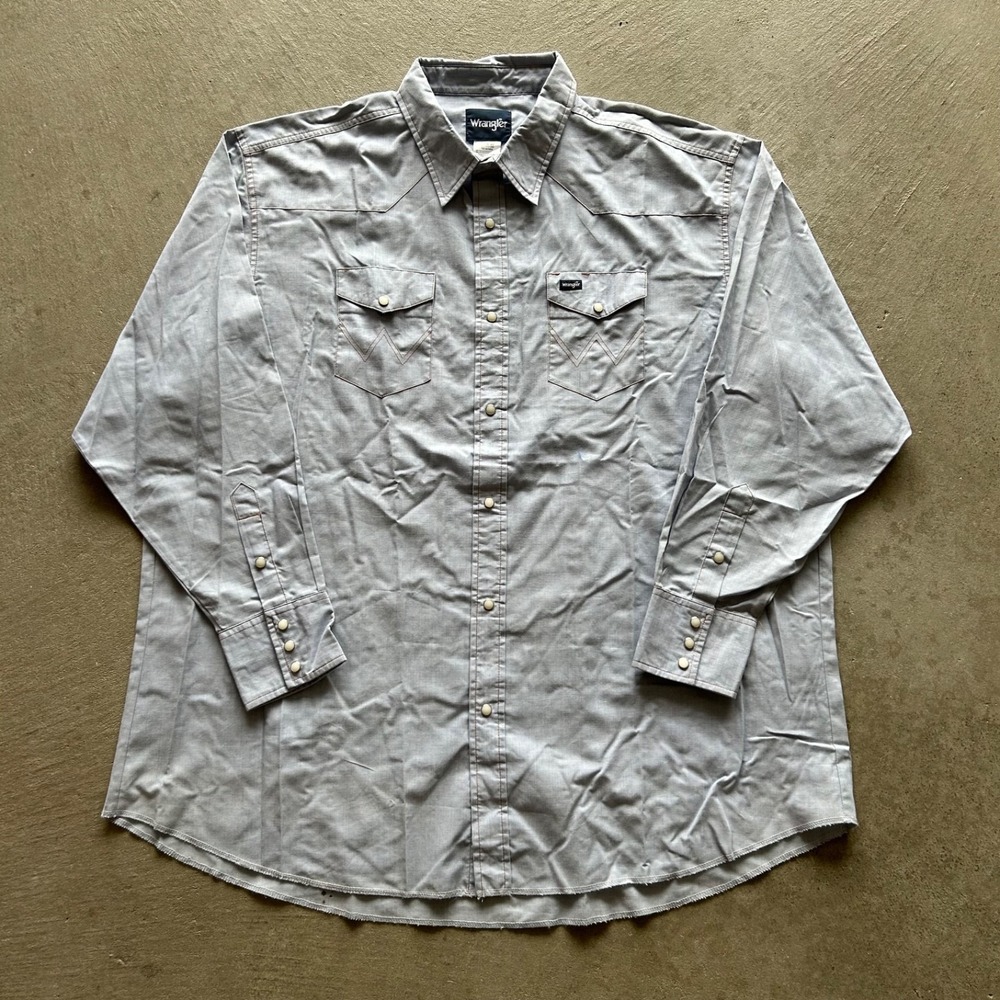 Vintage Wrangler Pearl Snap Shirt Mens 20x37 Big Tall Blue Cowboy Cut Chambray